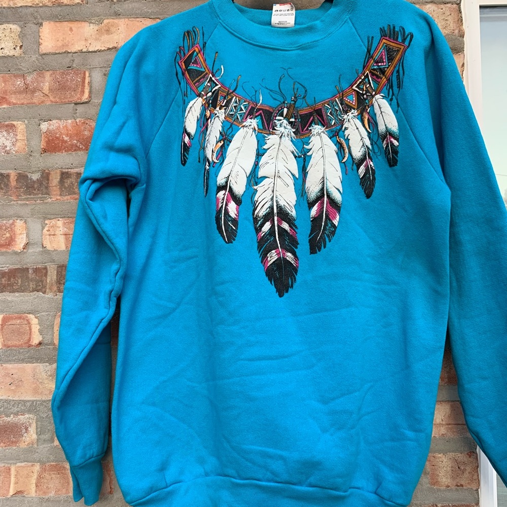 Vintage 90s Native American style feathers dream catcher sweater made in USA